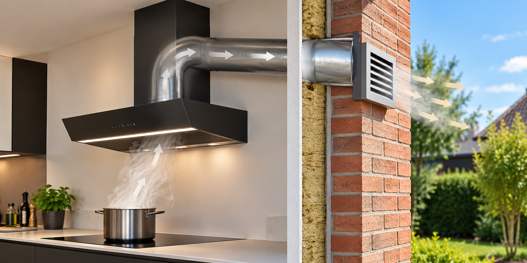 Emhætte med aftrækskanal inde i køkkenet og gennemføring med ventilsæt på ydersiden af ydermuren